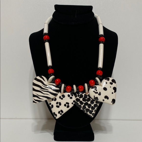 Candace Loheed Ruby Z Jewelry - Vintage Ruby Z Ceramic Large Hearts Necklace Signed by Candace Loheed Cow Print